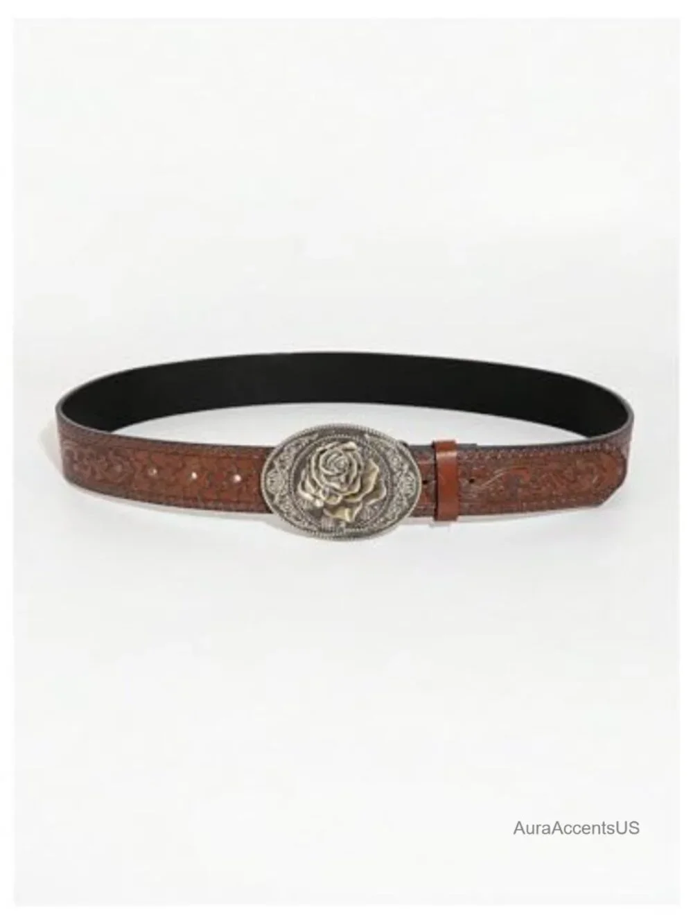 PU Leather Western Cowgirl Belt Oval Buckle Floral Engraved Vintage Cowboy Waist